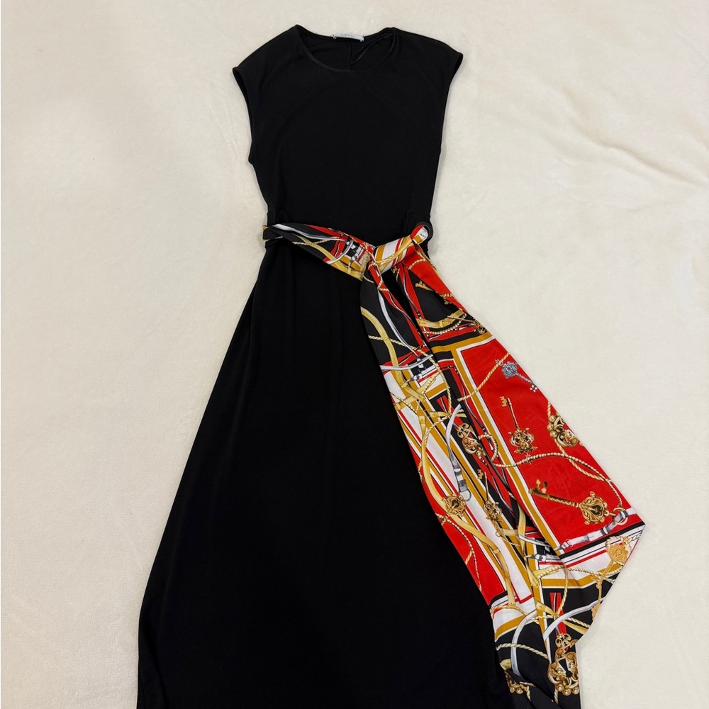 Zara Black Maxi Dress with Red and Gold Sash